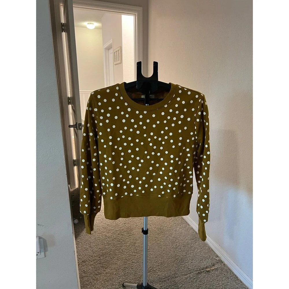 Madewell NWT! Banded Crewneck Polkadot Sweatshirt in Deep Mustard / Green Size M - Picture 2 of 12